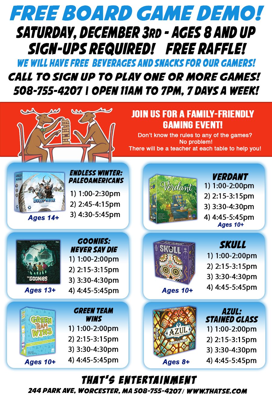 Free Board Game Demonstration on Saturday, December 3rd at That's E Worcester