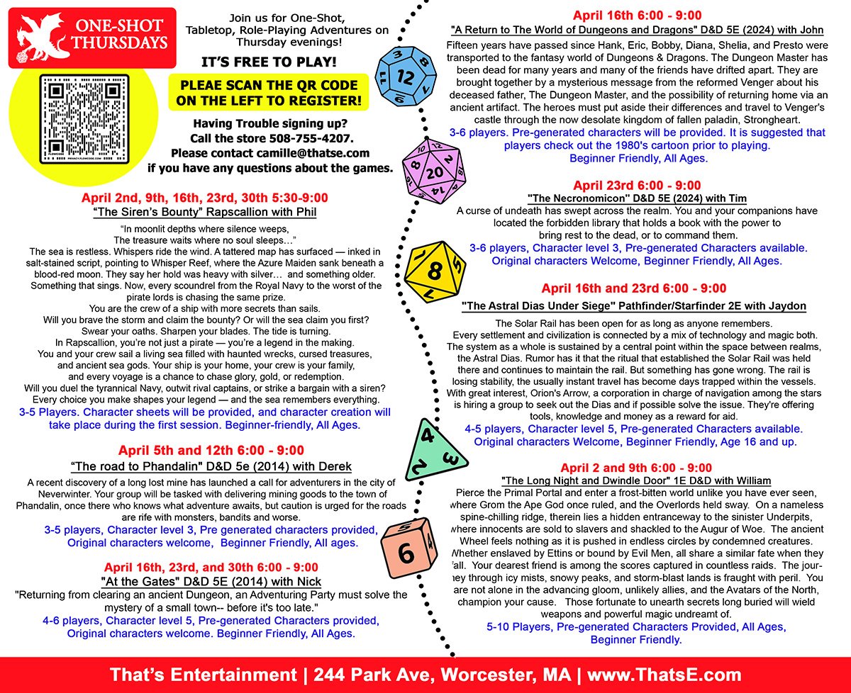 One-Shot Thursday APRIL EVENTS - Registration (Worcester Store)