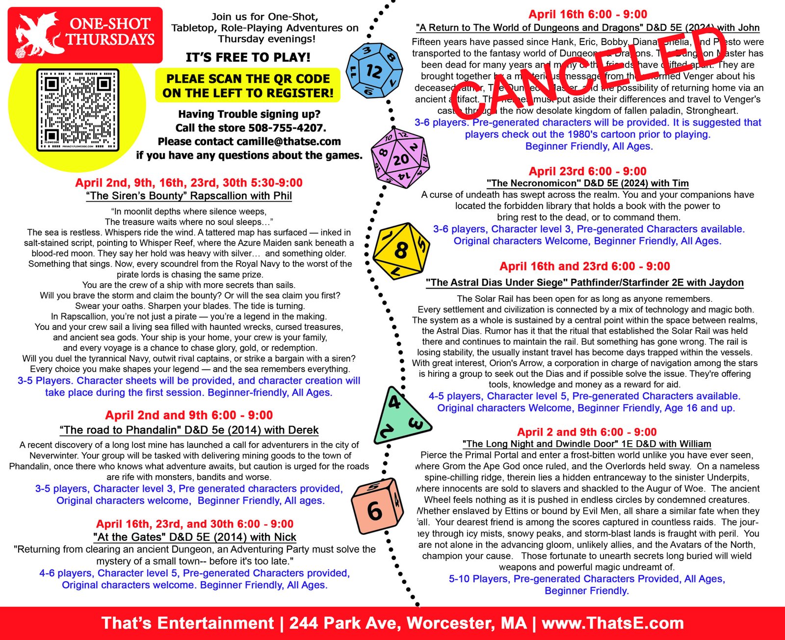 One-Shot Thursday APRIL EVENTS - Registration (Worcester Store)