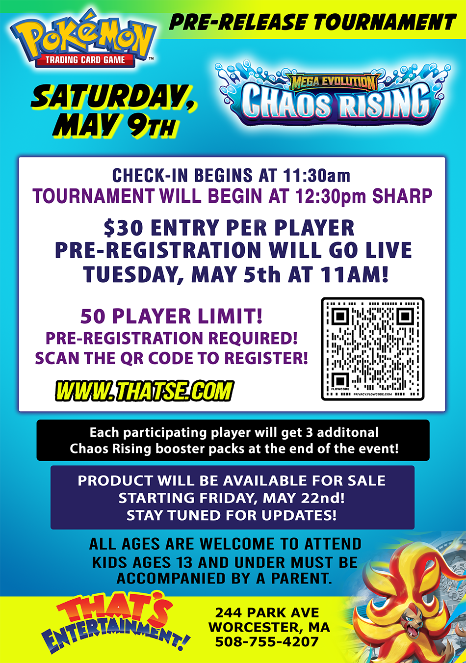 Pokemon "Chaos Rising" Pre-Release - 5/9/26 - (Worcester Store)
