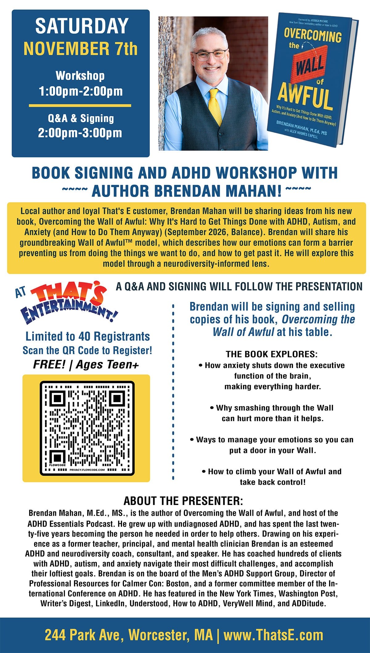 BOOK SIGNING AND ADHD WORKSHOP WITH AUTHOR BRENDAN MAHAN!